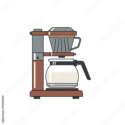 Illustration of a drip coffee maker, showing the filter, carafe, and base.