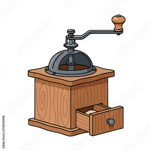 A classic wooden hand-crank coffee grinder with a metal top and an open drawer, ready for use.