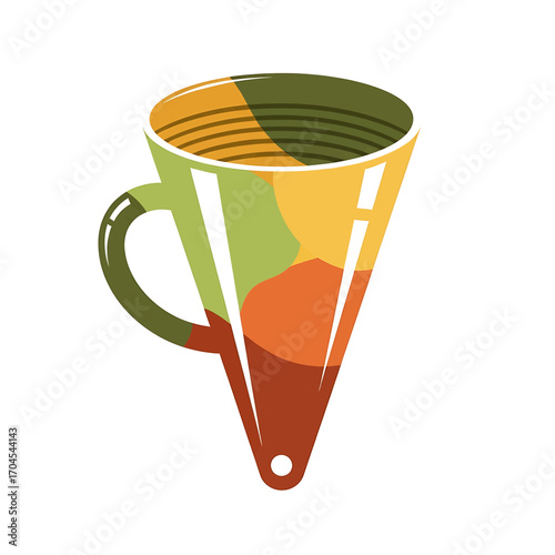 A stylized, conical coffee filter with a handle, featuring abstract colorful sections in green, yellow, and orange.