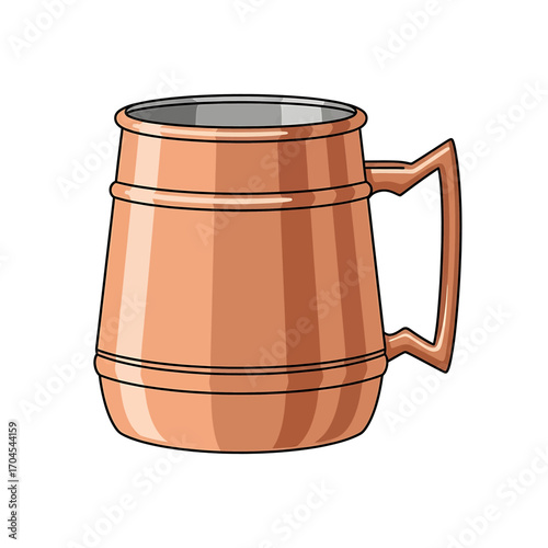 A detailed cartoon illustration of a shiny copper mug with a handle, isolated on a white background.