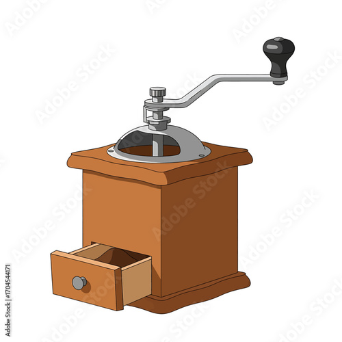 A vintage wooden coffee grinder with a metal crank and a small drawer for grounds.