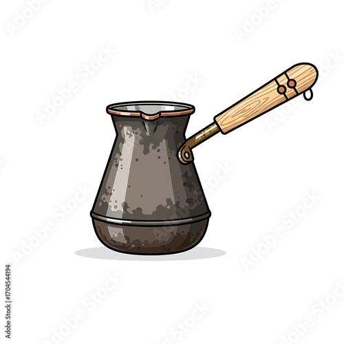 Illustration of a traditional Turkish coffee pot with a wooden handle.