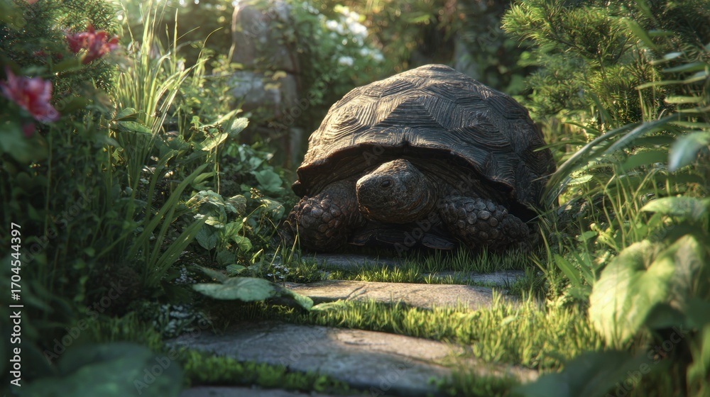 Naklejka premium Tortoise in lush garden setting