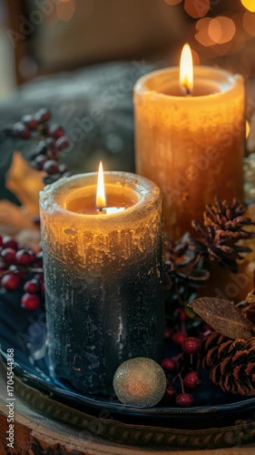 Decorative centerpiece with lit candles, festive holiday decorations on tabletop.
