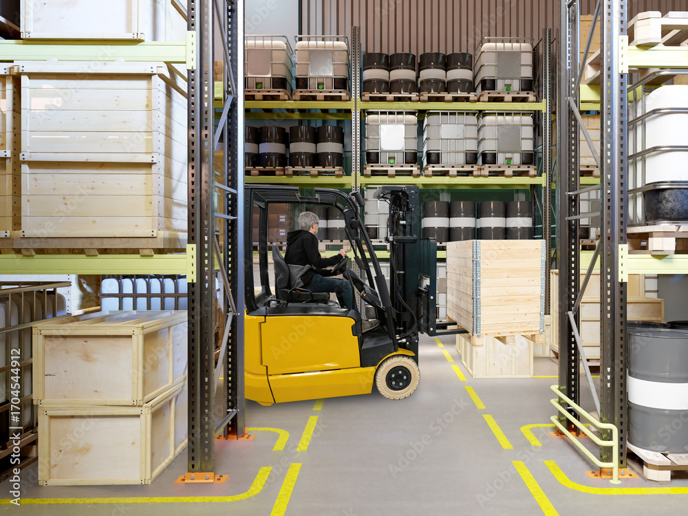 Naklejka premium Forklift operator moving wooden crate in warehouse with shelves of pallets and containers, logistics, material handling, storage, distribution, supply chain.