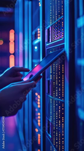 Server administrator working on digital server racks in a cloud computing data center, using tablet for monitoring and maintenance of high-tech computer hardware.