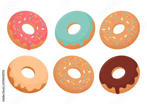 Set of six colorful glazed donuts with sprinkles on white background. Tasty dessert icons in cartoon style for bakery, food design, or sweet menu decoration.