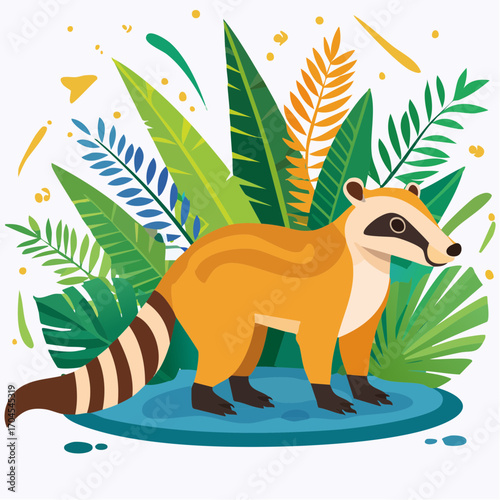 Coati Illustration With Tropical Foliage Background