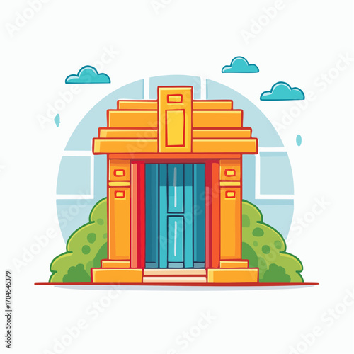 Pixel Art Illustration of a Golden Gate Building with Green Shrubs and Blue Sky