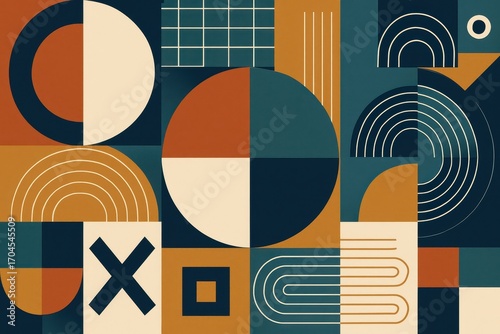 Contemporary abstract geometric pattern with interconnected modular shapes and sophisticated color harmony