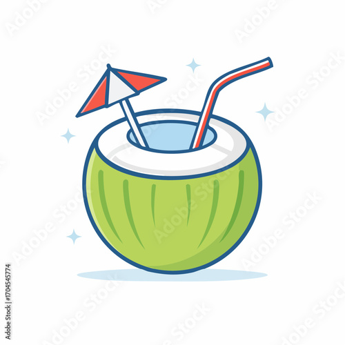 Green Coconut Drink with Umbrella and Straw