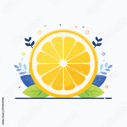 Yellow Lemon Slice With Green Leaves and Colorful Dots