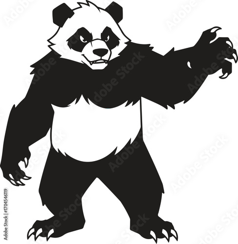 A powerful pixel art illustration depicts a large panda bear in a defensive stance