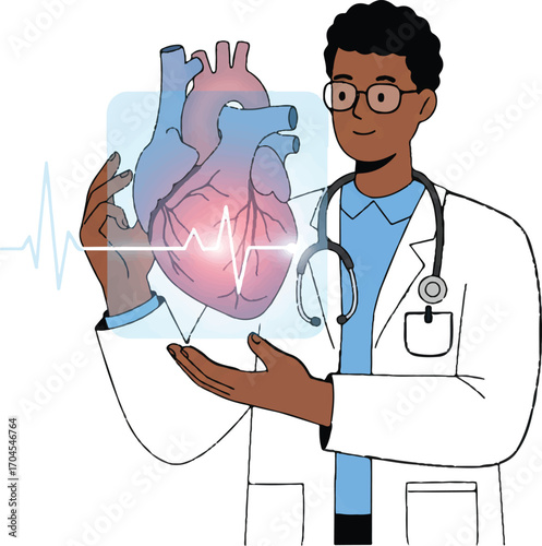A male doctor in a white coat presents a 2D vector illustration of a human heart with a stethoscope around his neck on World Science Day for Peace and Development.