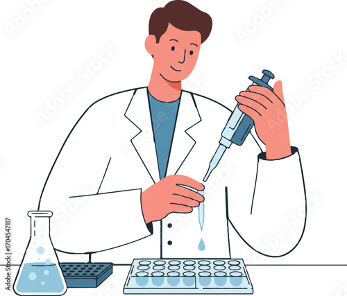 A scientist in a white lab coat uses a pipette to transfer liquid into a microplate next to a beaker and laptop on a clean white background, flat 2D vector for World Science Day for Peace
