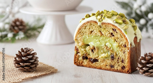 Indulgent pistachio cream panettone slice with creamy filling and crunchy pistachios, perfect for festive celebrations.