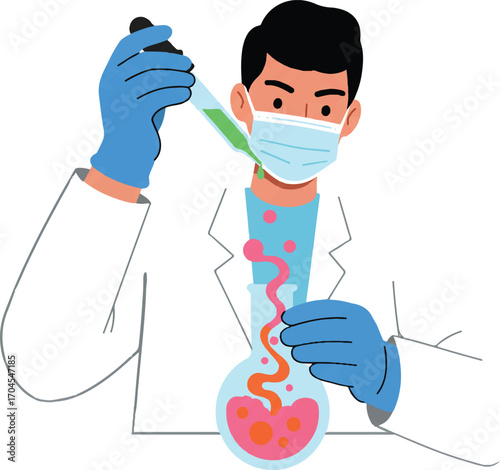 Flat 2D vector illustration of a scientist in a lab coat and mask carefully examining a colorful petri dish with a pipette on World Science Day for Peace and Development.