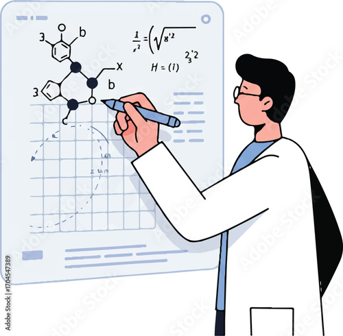 A scientist in a white lab coat draws on a large screen displaying molecular structures and equations with a marker on World Science Day for Peace and Development as a flat 2D vector