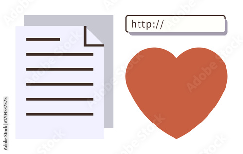 Document papers, red heart shape, and a web address bar combining technology and emotion. Ideal for content creation, online communication, blogging, websites, creativity, connection