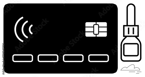 Contactless card with signal waves and chip alongside small adhesive bottle. Ideal for payment, technology, trade, innovation, utility, security, simplicity. Minimalist flat style metaphor