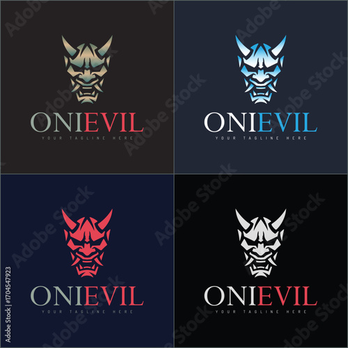 Oni mask evil face head traditional mascot logo set silhouette template design