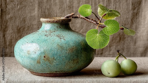 Turquoise vase with branch and green fruit on a neutral textured surface. © Ahmad-Muslimin