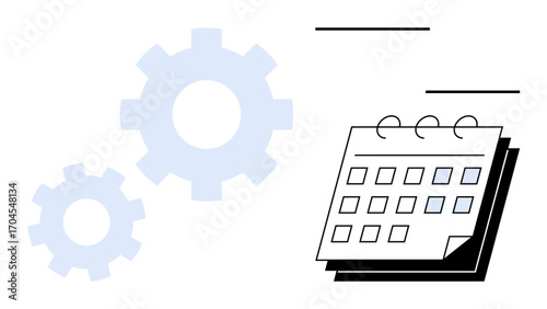 Calendar with highlighted dates accompanied by rotating gears. Ideal for time management, organization, workflow optimization, productivity, planning, teamwork, and strategy execution. Simple flat
