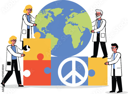 Flat 2D vector illustration of scientists assembling puzzle pieces around a globe with a peace sign on World Science Day for Peace and Development.