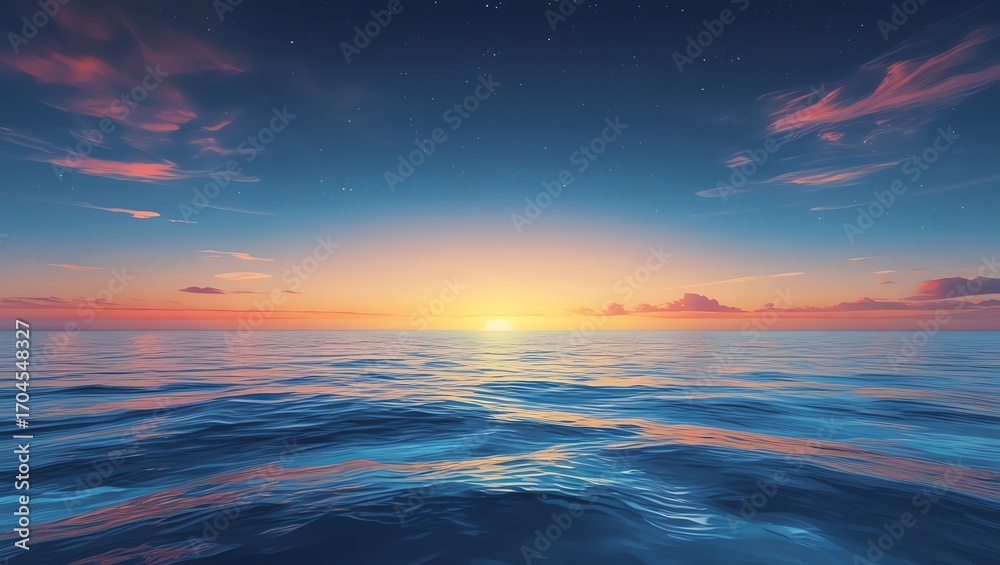 Obraz premium Gentle ocean waves reflect a colorful sunset and starry twilight sky