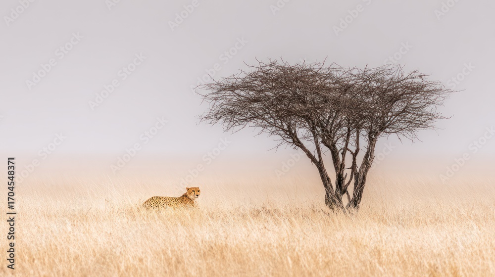 Naklejka premium Lion in golden grassy plain