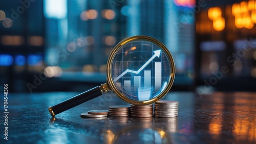 Magnifying glass reveals financial growth chart and coins, symbolizing investment success and analysis