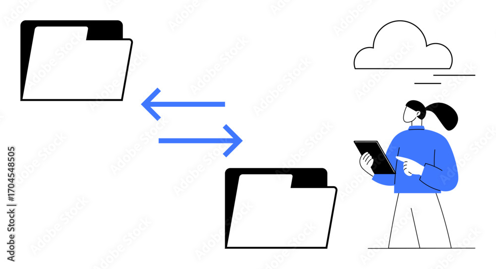custom made wallpaper toronto digitalFile folders connected by arrows, female character with tablet, and cloud icon highlight data exchange and cloud service. Ideal for cloud storage, data sync, digital transfer, teamwork, innovation