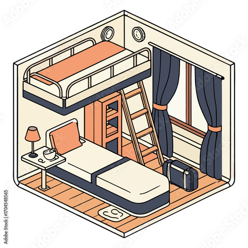  A modern bedroom with bunk beds in a hostel or small apartment.
