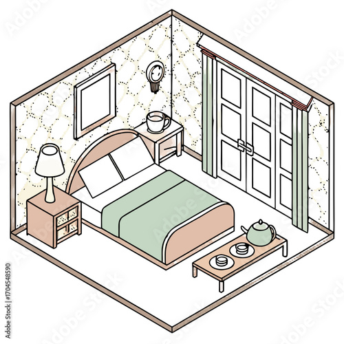 A modern and cozy hotel bedroom with a bed and tea set.