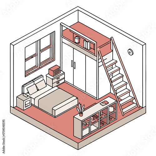  An isometric illustration of a small apartment or loft bedroom.