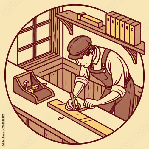  A craftsman or woodworker is working at a bench.