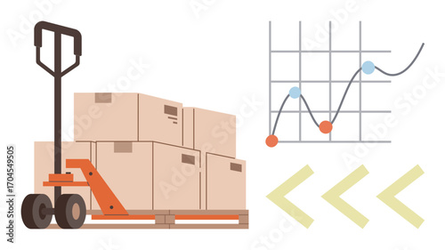 Manual pallet jack carrying stacked boxes next to a line chart illustrating data growth. Ideal for logistics, shipping, supply chain, business performance, inventory, delivery, simple flat metaphor