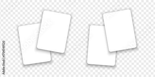 Two empty white playing cards isolated on transparent background. Playcard blackjack mockups in top view. Poker game concept. Voucher, giftcard or discount templates. Vector realistic illustration.