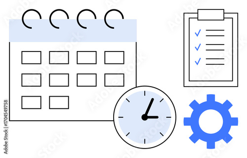 Calendar with spiral header, clock showing time, checklist with checkmarks, blue gear icon. Ideal for organization, scheduling, time management, workflow planning efficiency teamwork. Simple flat