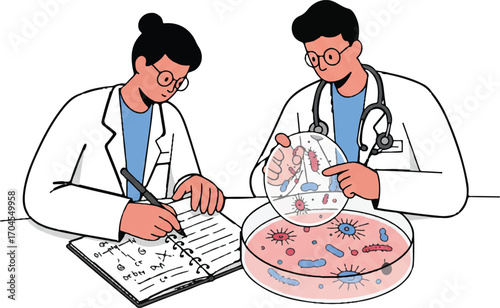 Two scientists in lab coats examining a petri dish and taking notes in a flat 2D vector illustration for World Science Day for Peace and Development.
