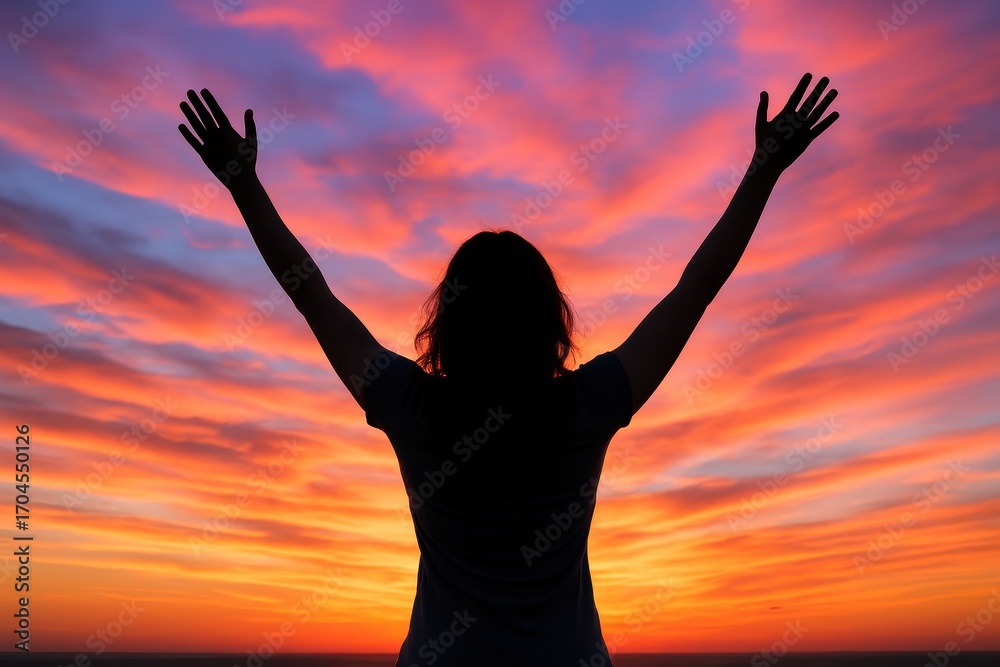 Fototapeta premium Inspiring woman silhouette embracing freedom against spectacular sunset sky with motivational empowerment themes