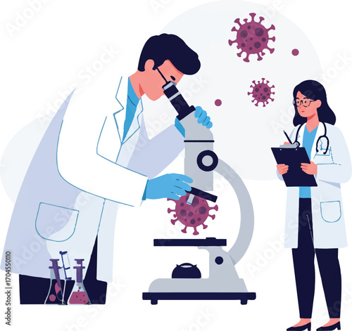Flat 2D vector illustration of two scientists studying virus samples with a microscope and clipboard on World Science Day for Peace and Development.