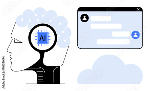 Human brain with AI chip and circuits, chat window with user avatars, and cloud. Ideal for AI, machine learning, communication, innovation, data integration, digital transformation simple landing