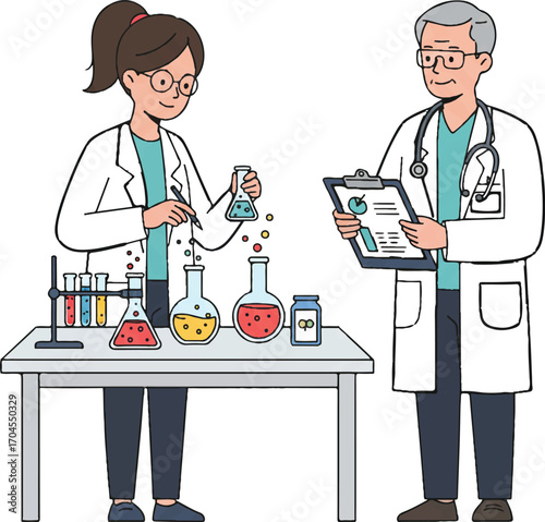 Flat 2D vector illustration of a scientist and a doctor collaborating over laboratory equipment on World Science Day for Peace and Development.