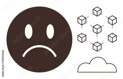 Sad face beside interconnected cubes representing blockchain network above a cloud, symbolizing frustration with technology, networking, or complex systems. Ideal for concepts thumbs up technology