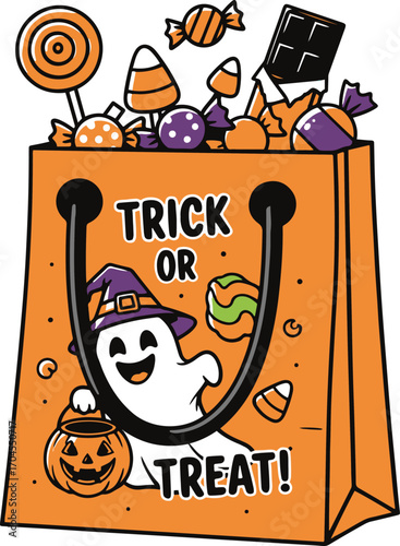 A vibrant pixel art illustration of an orange Halloween treat bag overflowing with candy, a friendly ghost, and spooky sweets. Perfect for autumn celebrations.