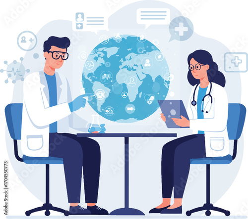 Flat 2D vector illustration of two scientists discussing World Science Day for Peace and Development with a globe on a table.