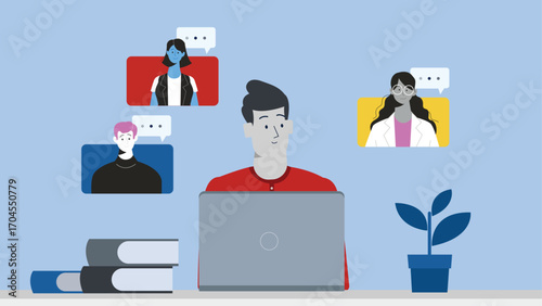 Man Video Chatting with Colleagues on Lapto