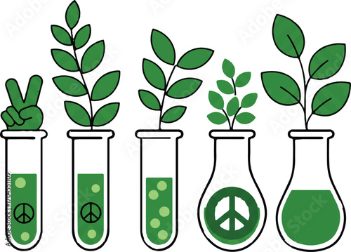 Flat 2D vector illustration of five test tubes with green plants and peace signs for World Science Day for Peace and Development.