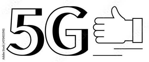 Large 5G text with a thumbs-up gesture emphasizing speed and approval. Ideal for connectivity, technology, innovation, approval, communication, digital progress, simple landing page